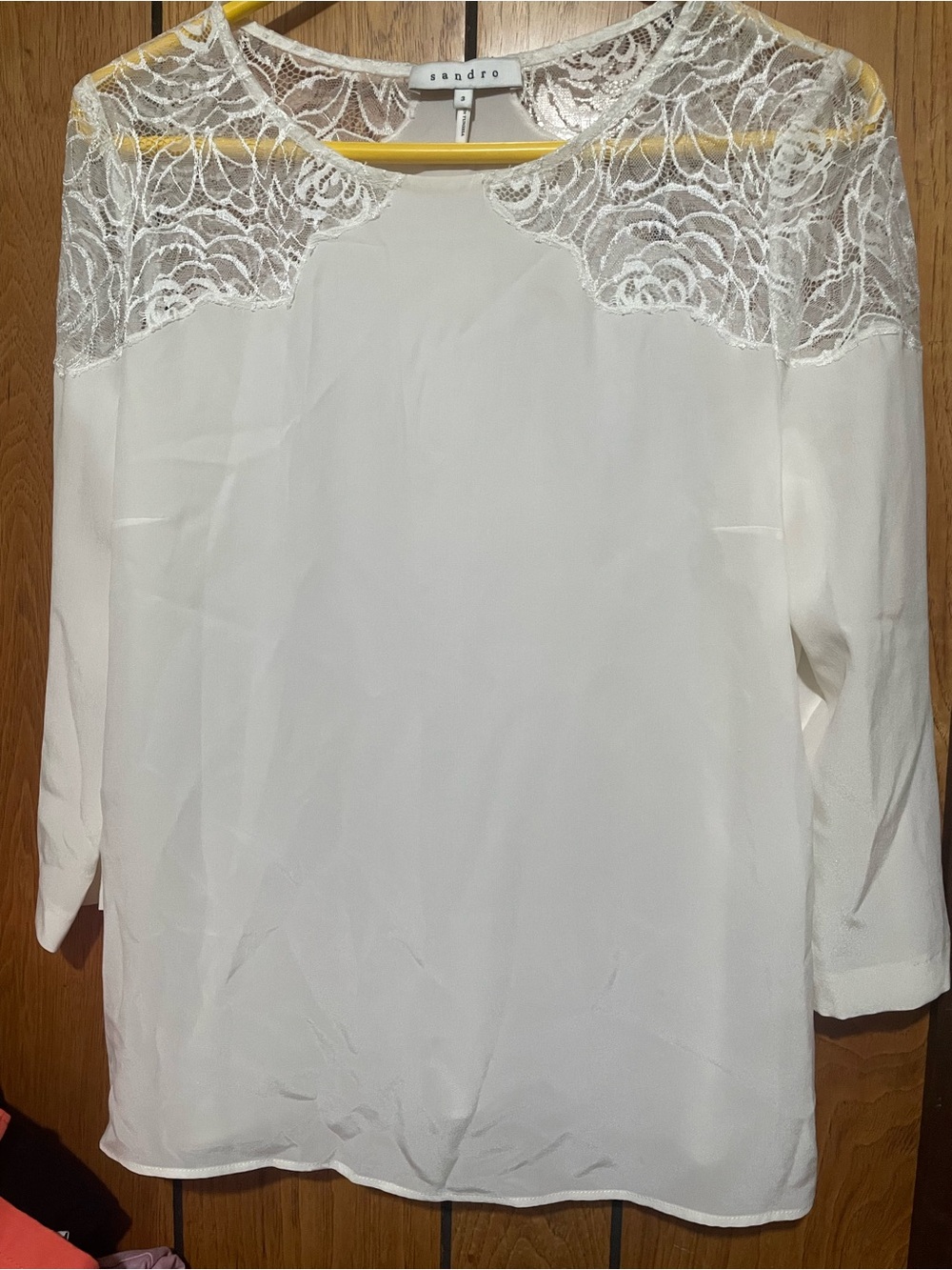 Sandro White Lace-Yoke 3/4 Sleeve Blouse